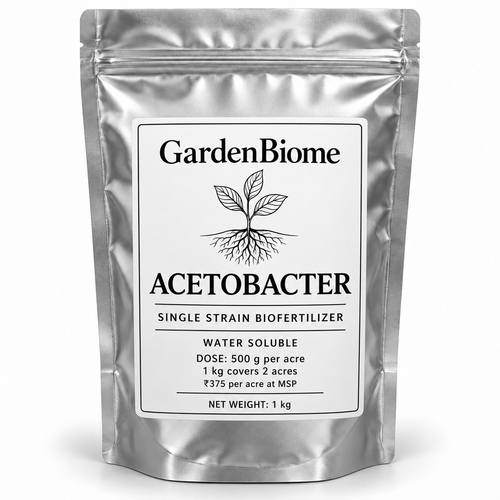 GardenBiome acetobacter 1 kg silver pouch, 500 g per acre, covers 2 acres, ₹375 per acre at MSP
