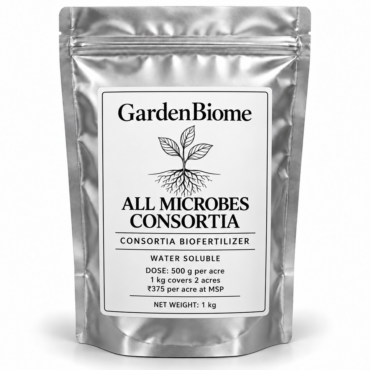 GardenBiome All Microbes Consortia 1 kg silver pouch; 500 g per acre, covers 2 acres, ₹375 per acre at MSP