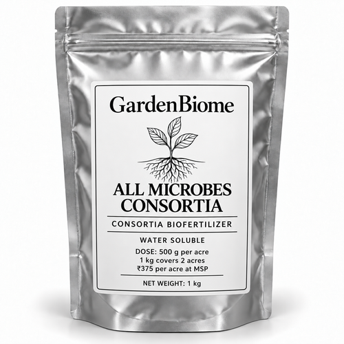 GardenBiome All Microbes Consortia 1 kg silver pouch; 500 g per acre, covers 2 acres, ₹375 per acre at MSP