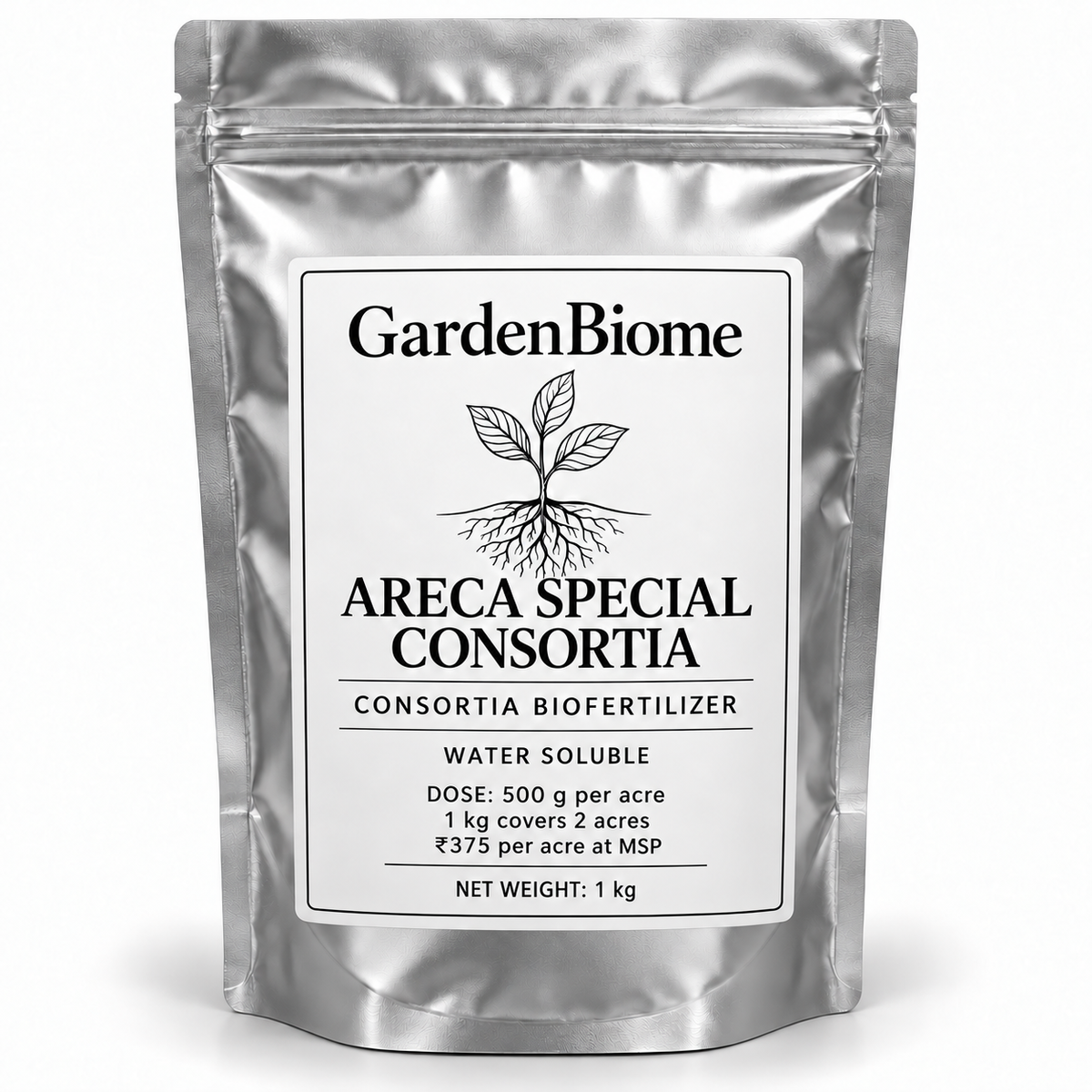 GardenBiome Areca Special Consortia 1 kg silver pouch; 500 g per acre, covers 2 acres, ₹375 per acre at MSP