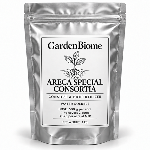 GardenBiome Areca Special Consortia 1 kg silver pouch; 500 g per acre, covers 2 acres, ₹375 per acre at MSP
