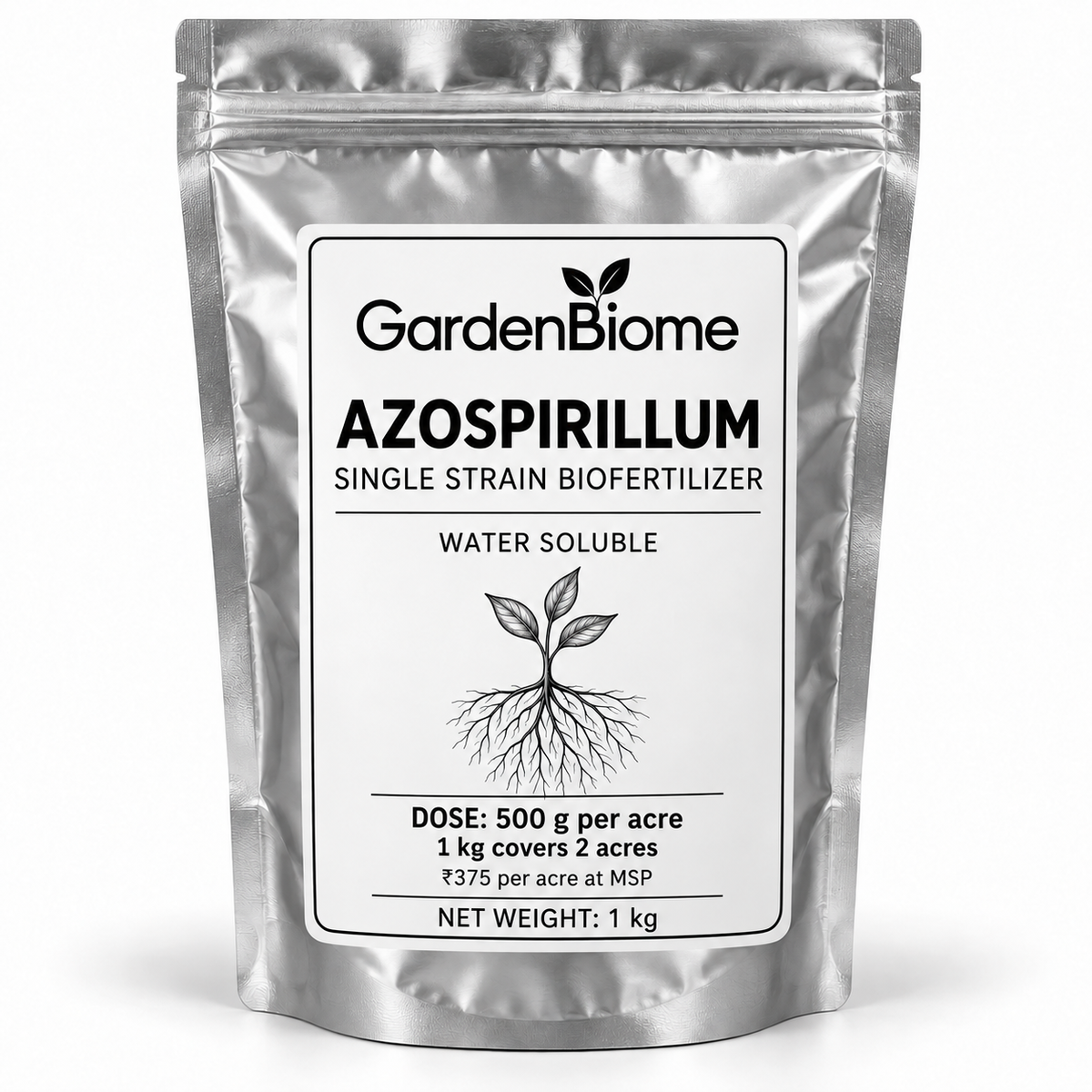 GardenBiome azospirillum 1 kg silver pouch, 500 g per acre, covers 2 acres, ₹375 per acre at MSP
