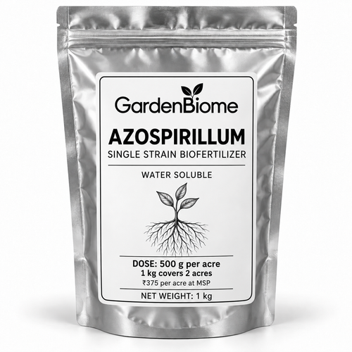 GardenBiome azospirillum 1 kg silver pouch, 500 g per acre, covers 2 acres, ₹375 per acre at MSP