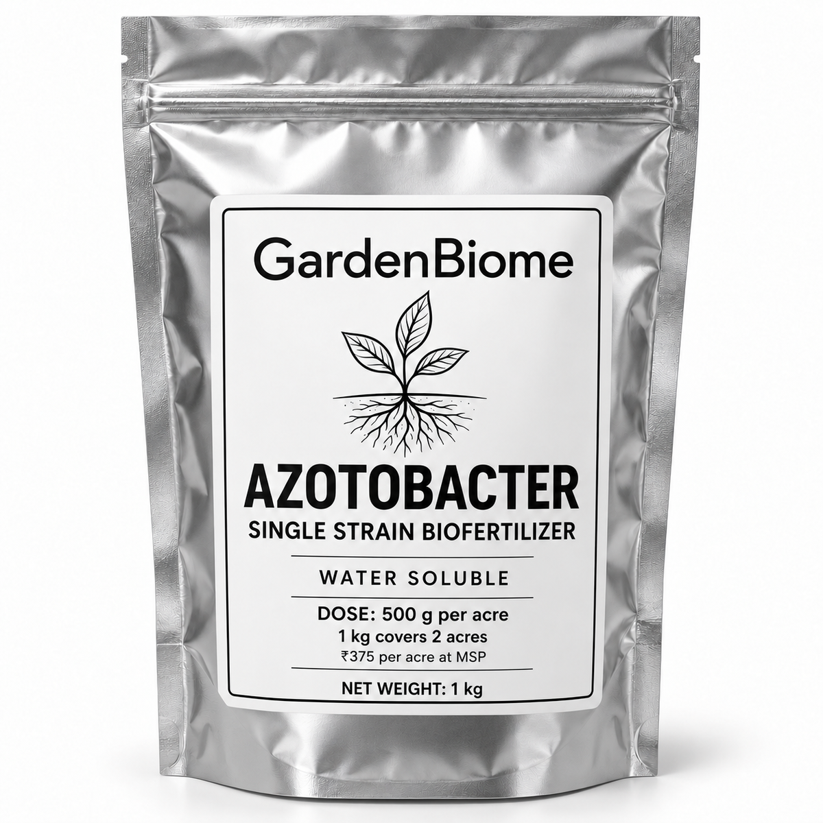 GardenBiome azotobacter 1 kg silver pouch, 500 g per acre, covers 2 acres, ₹375 per acre at MSP