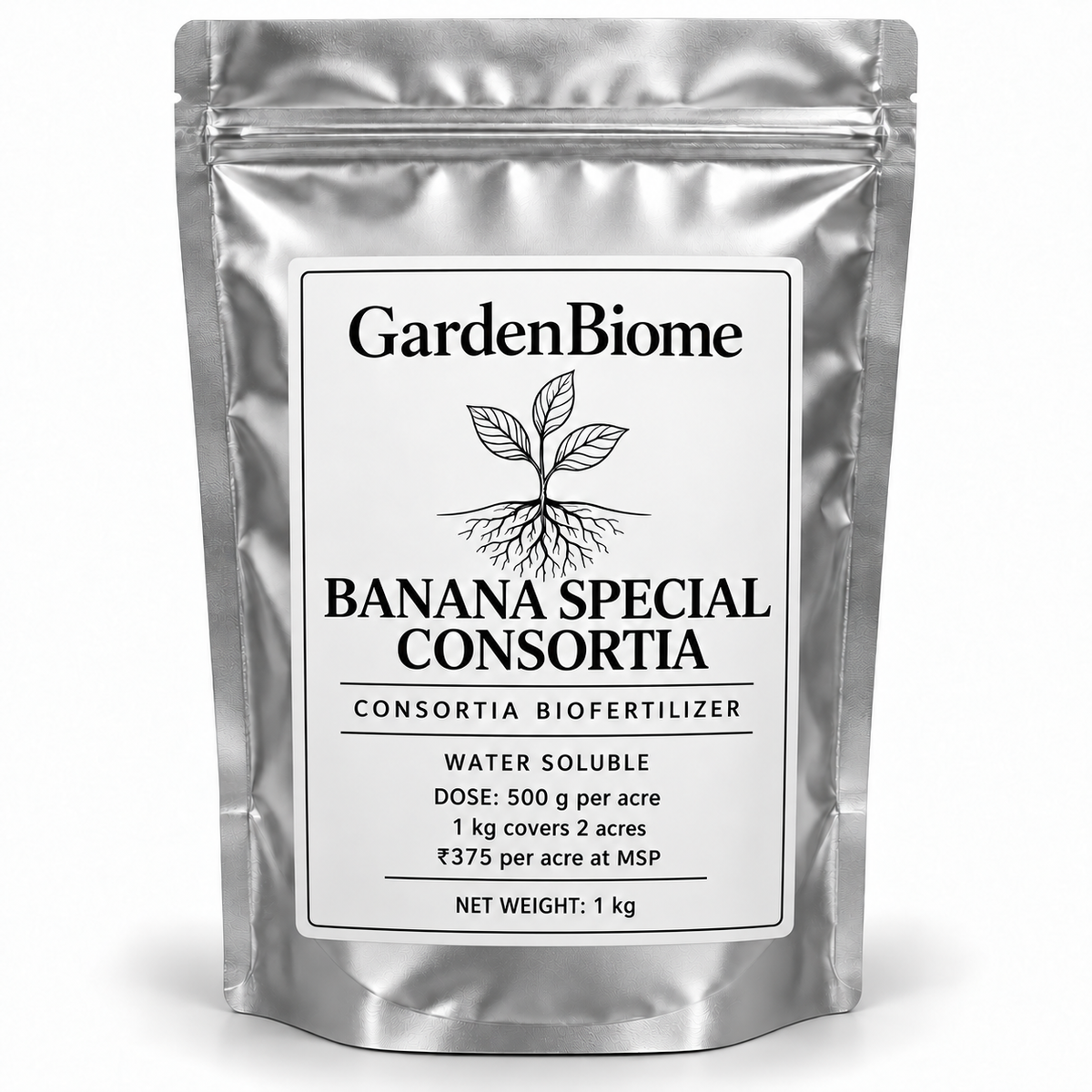 GardenBiome Banana Special Consortia 1 kg silver pouch; 500 g per acre, covers 2 acres, ₹375 per acre at MSP