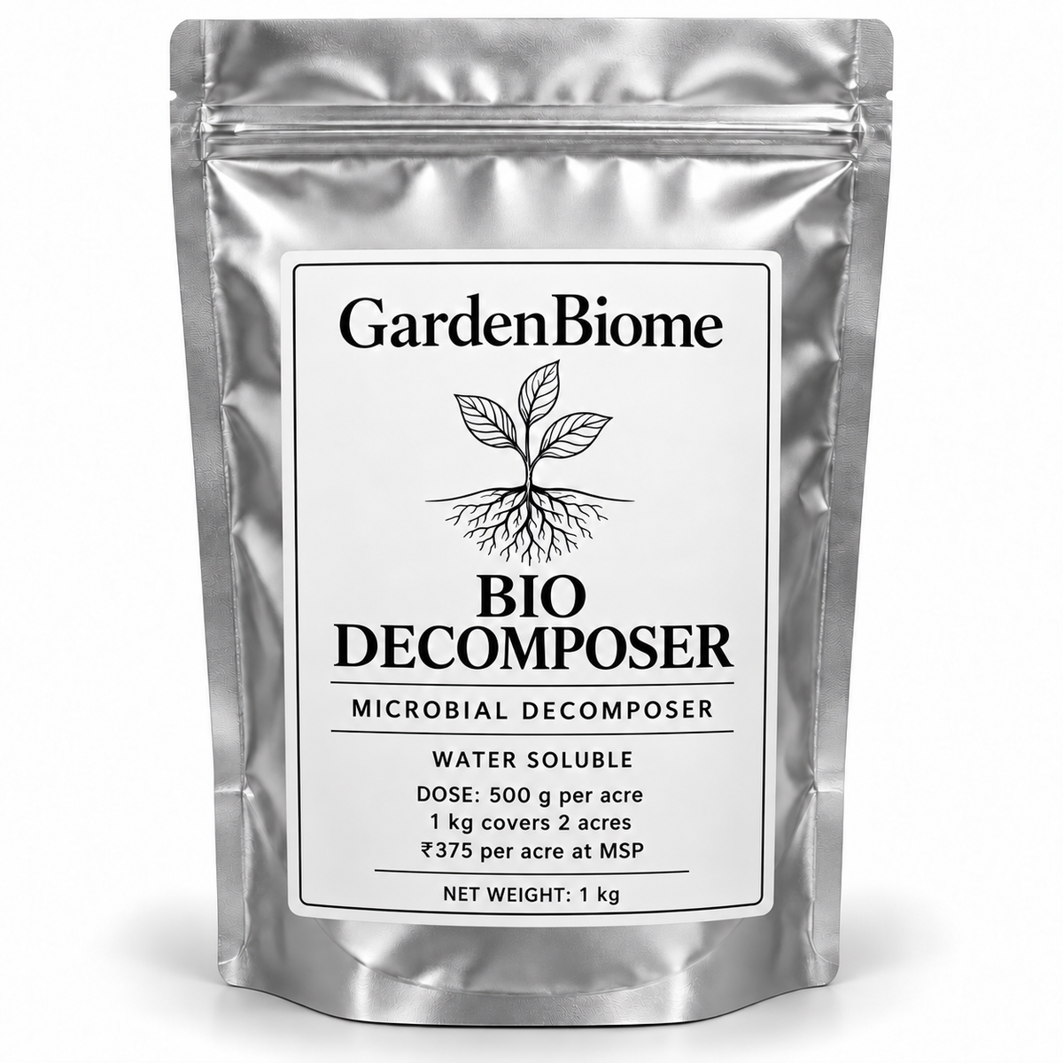 GardenBiome Bio Decomposer 1 kg silver pouch; 500 g per acre, covers 2 acres, ₹375 per acre at MSP