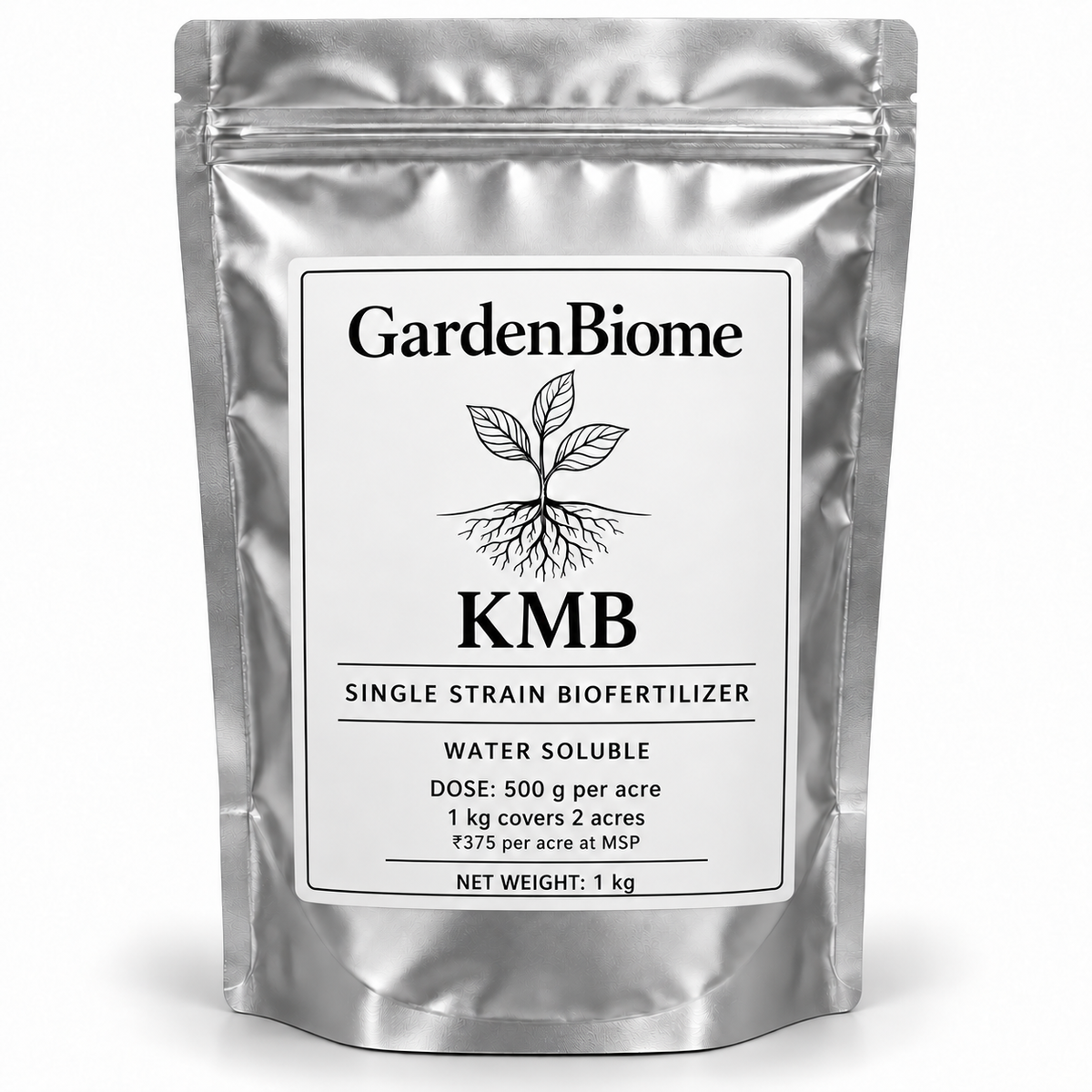 GardenBiome kmb 1 kg silver pouch, 500 g per acre, covers 2 acres, ₹375 per acre at MSP