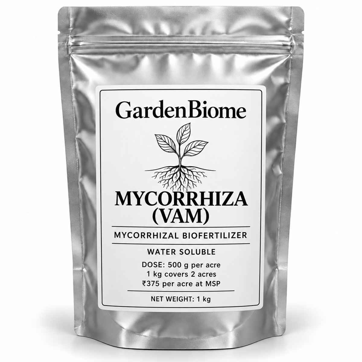 GardenBiome Mycorrhiza 1 kg silver pouch; 500 g per acre, covers 2 acres, ₹375 per acre at MSP