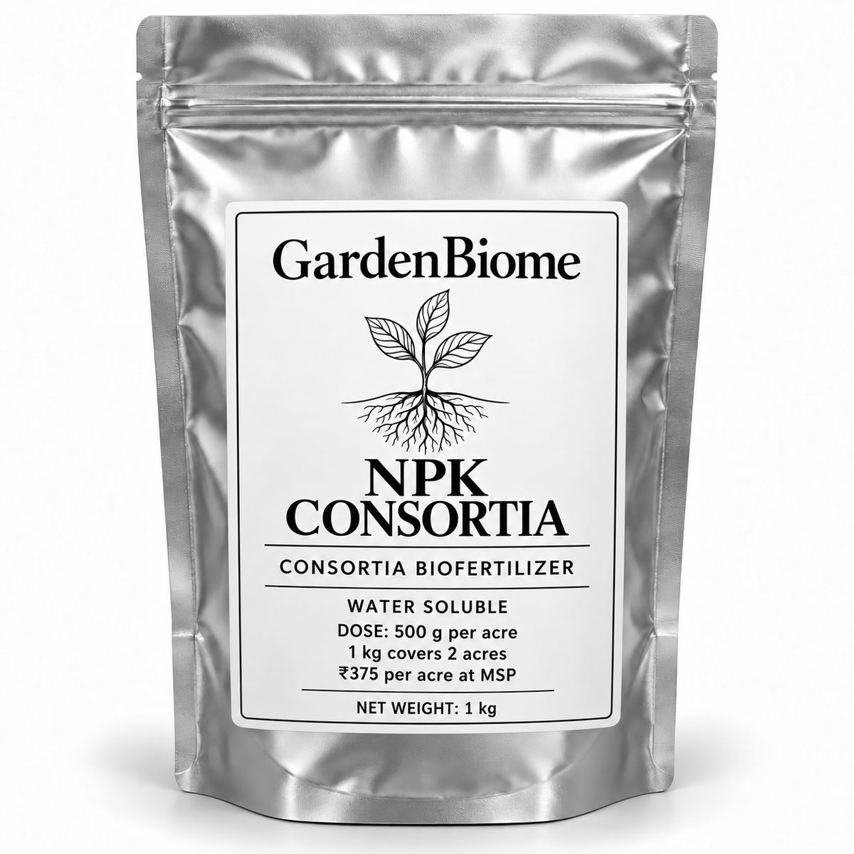 GardenBiome NPK Consortia 1 kg silver pouch; 500 g per acre, covers 2 acres, ₹375 per acre at MSP
