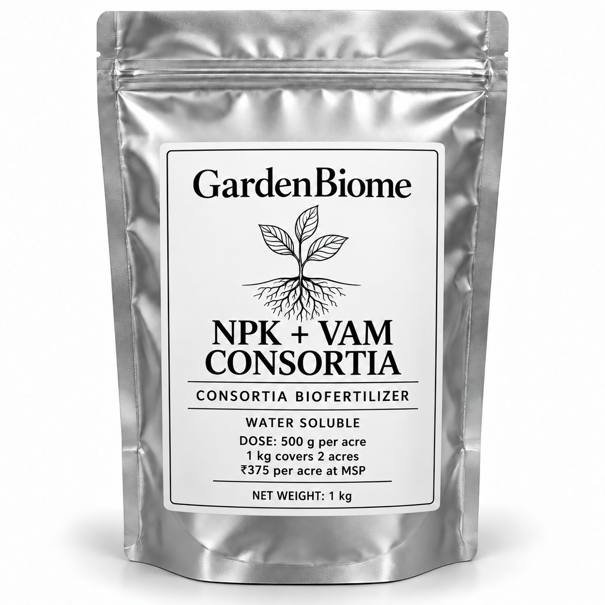 GardenBiome NPK + VAM Consortia 1 kg silver pouch; 500 g per acre, covers 2 acres, ₹375 per acre at MSP