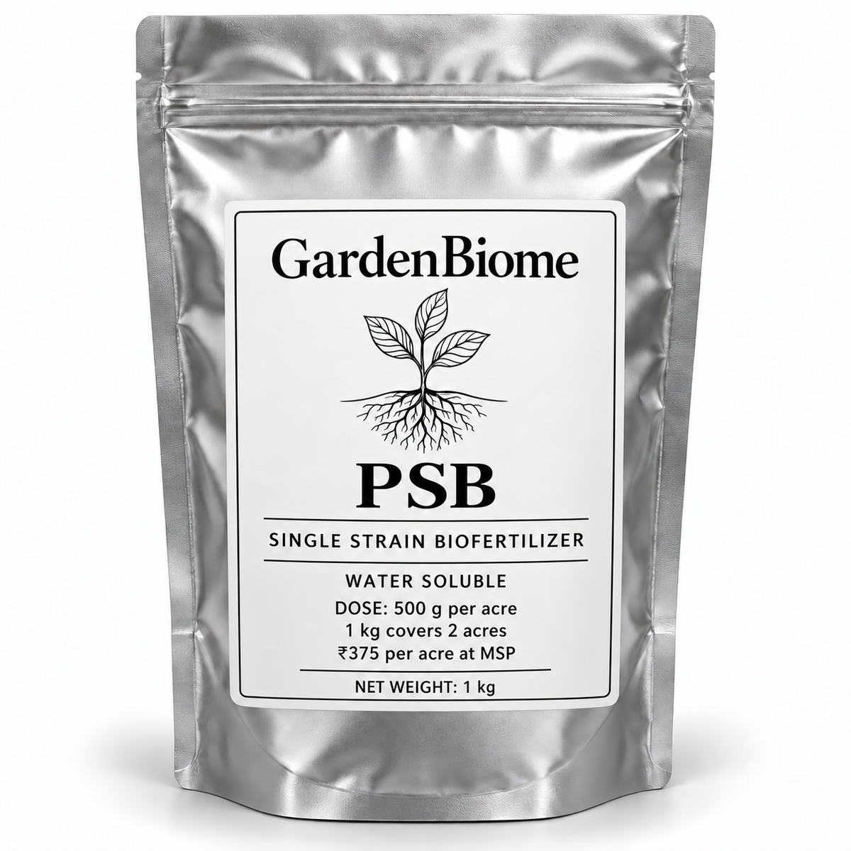 GardenBiome psb 1 kg silver pouch, 500 g per acre, covers 2 acres, ₹375 per acre at MSP