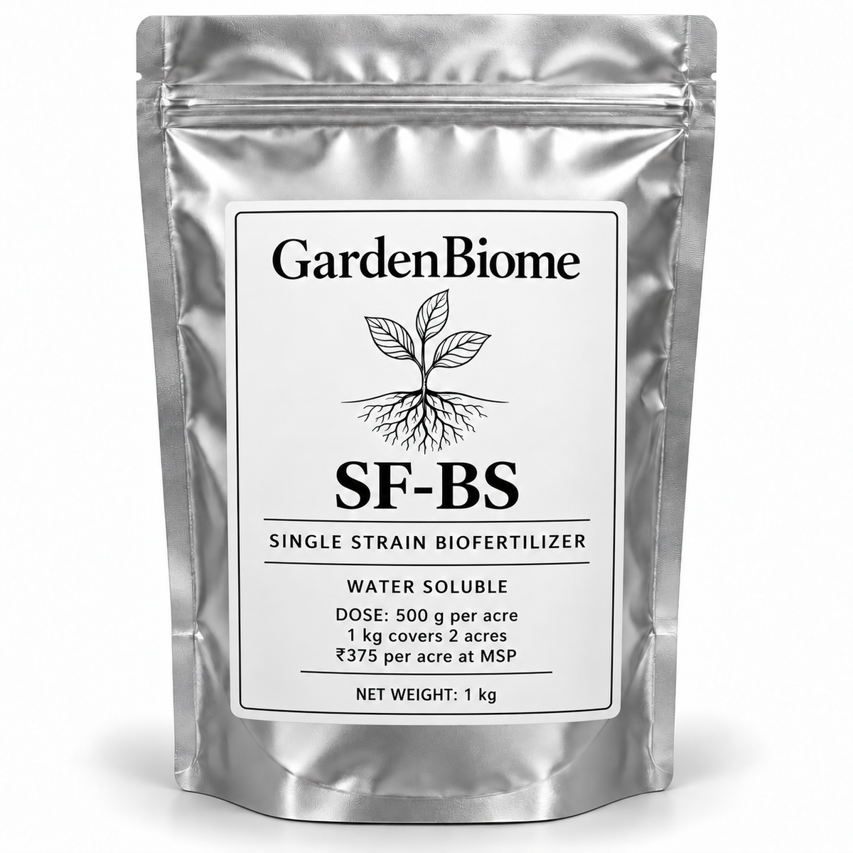 GardenBiome sf-bs 1 kg silver pouch, 500 g per acre, covers 2 acres, ₹375 per acre at MSP