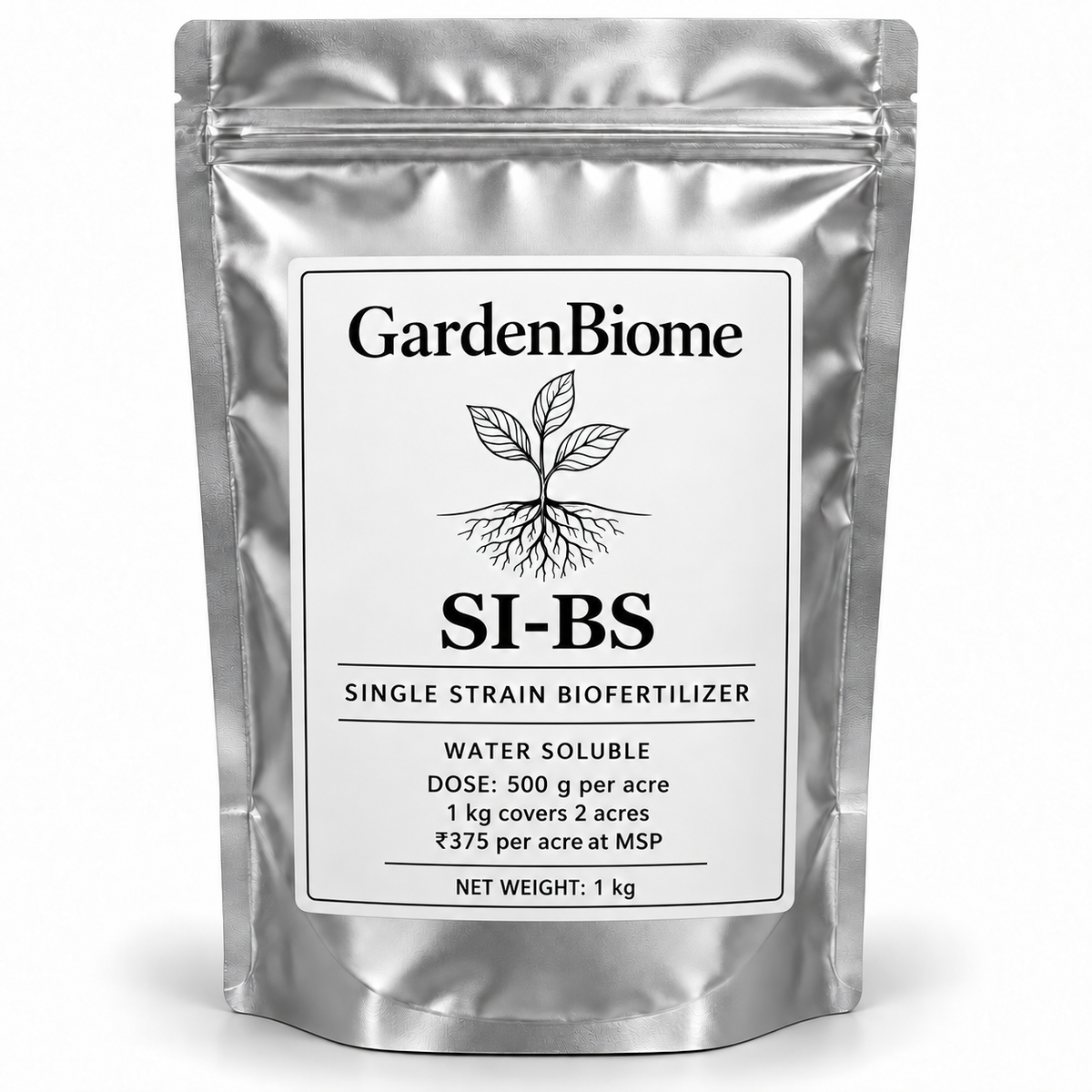 GardenBiome si-bs 1 kg silver pouch, 500 g per acre, covers 2 acres, ₹375 per acre at MSP