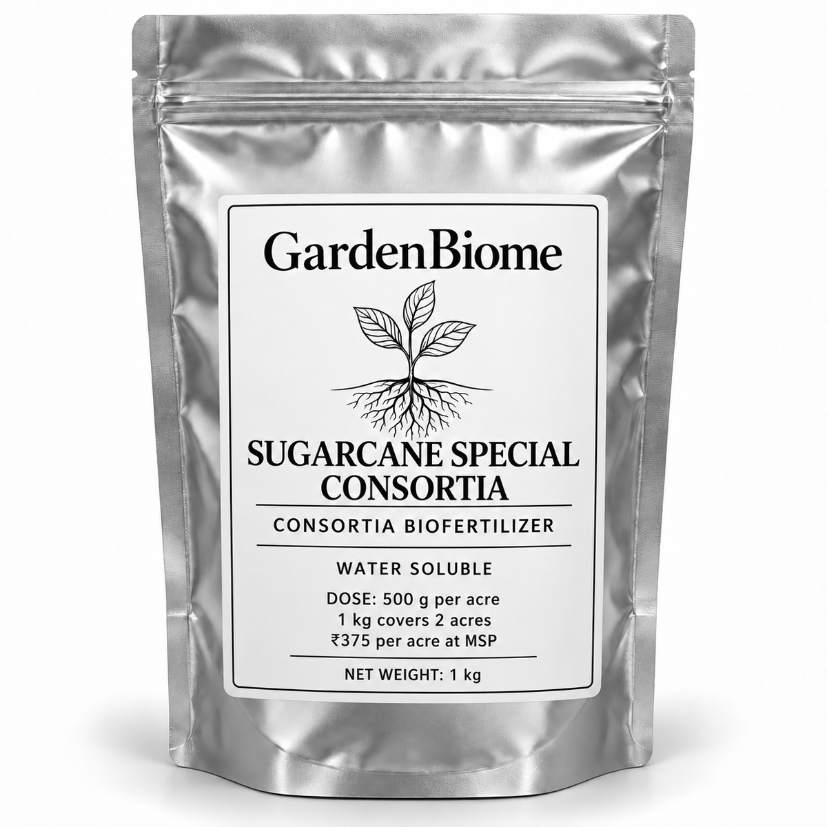 GardenBiome Sugarcane Special Consortia 1 kg silver pouch; 500 g per acre, covers 2 acres, ₹375 per acre at MSP