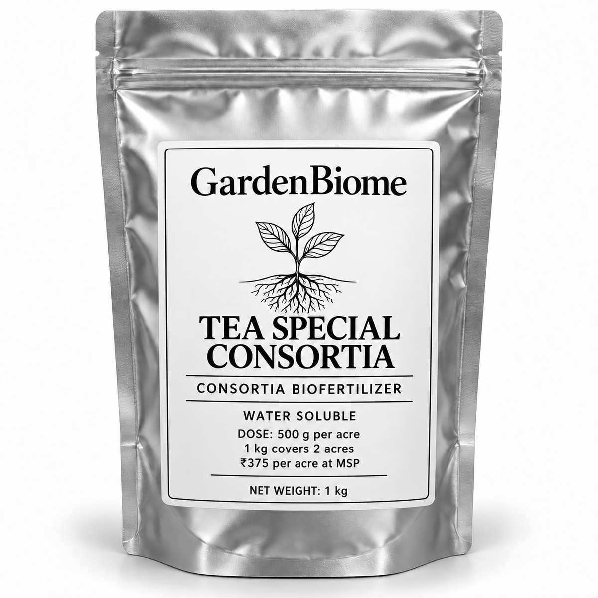 GardenBiome Tea Special Consortia 1 kg silver pouch; 500 g per acre, covers 2 acres, ₹375 per acre at MSP