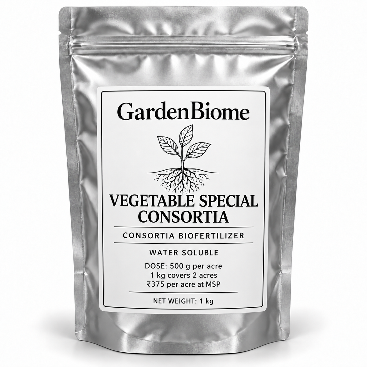 GardenBiome Vegetable Special Consortia 1 kg silver pouch; 500 g per acre, covers 2 acres, ₹375 per acre at MSP