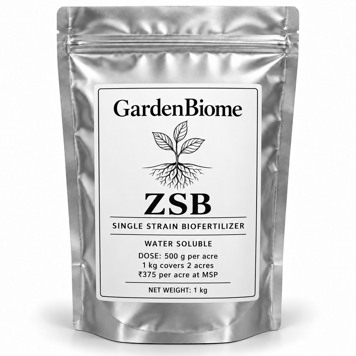 GardenBiome ZSB 1 kg silver pouch; 500 g per acre, covers 2 acres, ₹375 per acre at MSP