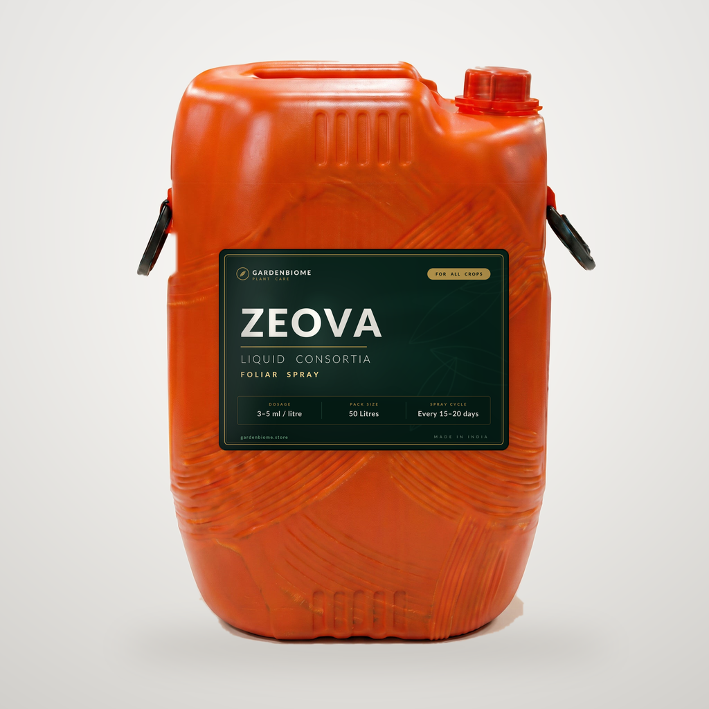 ZEOVA Liquid Consortia Foliar Spray 50 litre orange drum with GardenBiome label