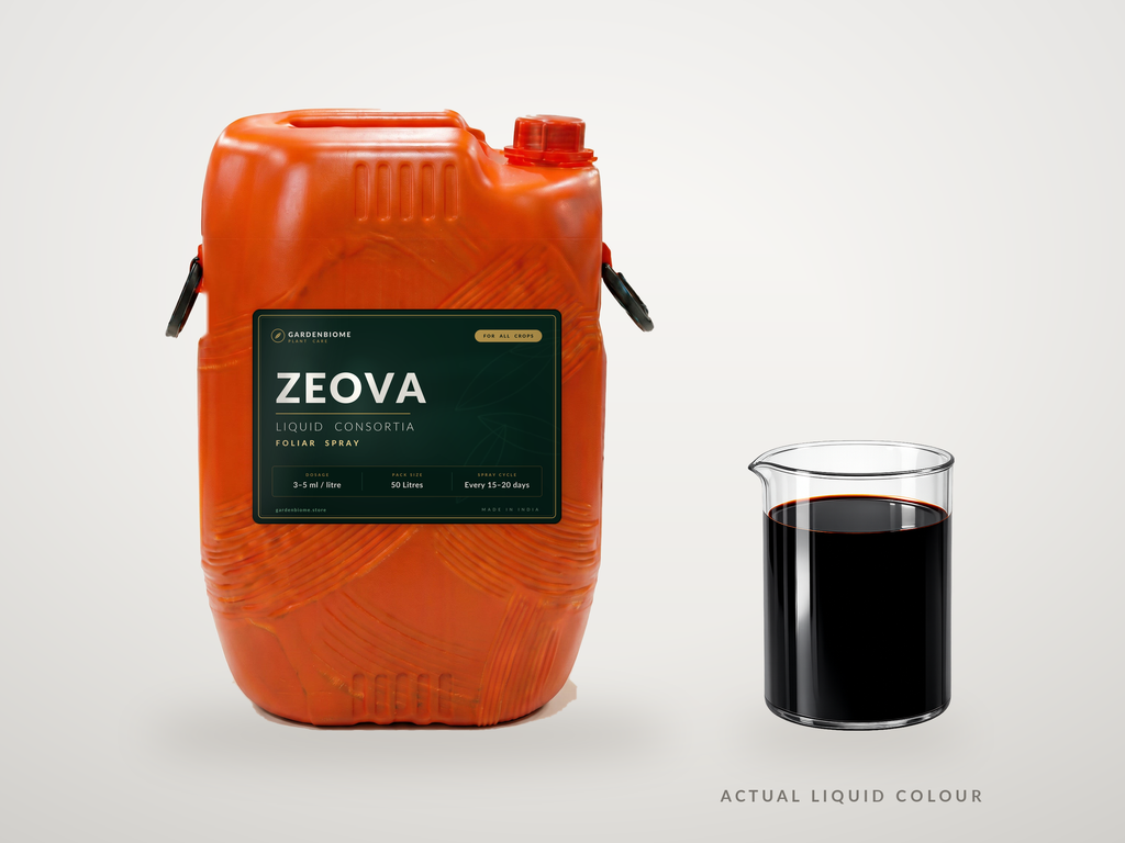 ZEOVA 50 litre drum beside a glass beaker showing the actual dark black liquid colour